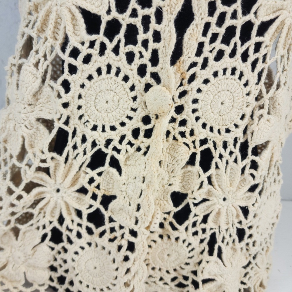 Yarnworks Large | Cream Crochet Floral Ramie Cotton Knit Vest Boho Vintage - Picture 2 of 6